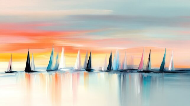 Sunset sailboat regatta, calm sea, colorful sky, art print