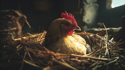 Close-up of a hen resting in a nest.