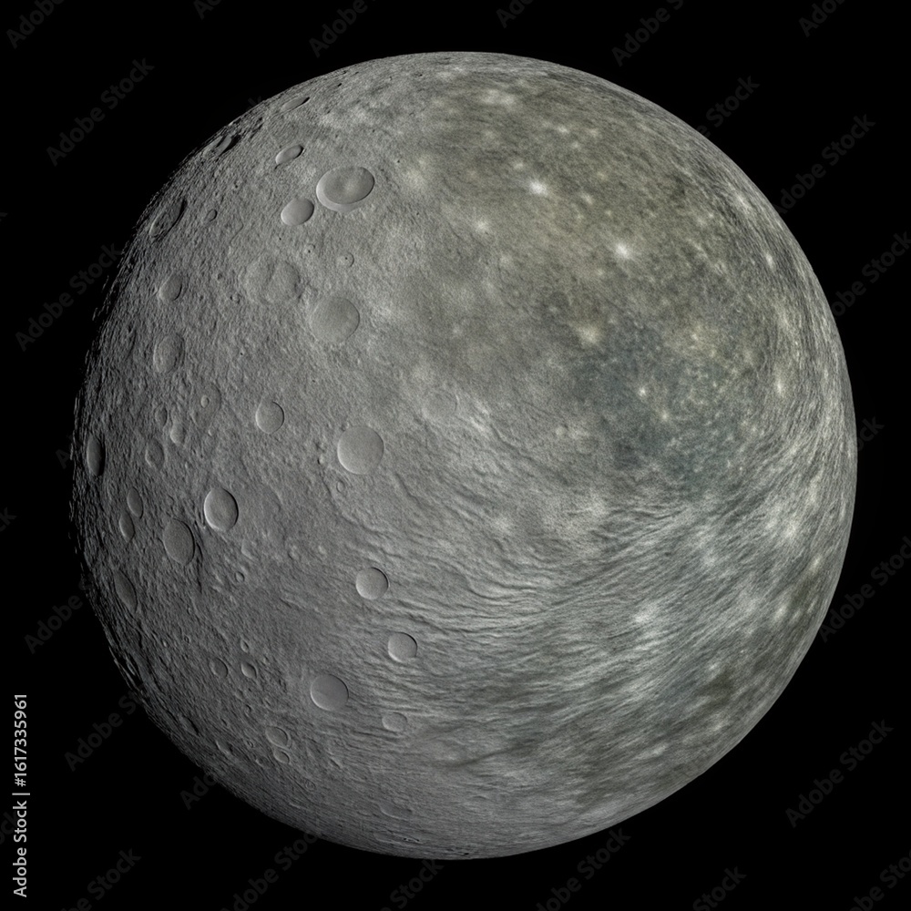 Wall mural this image showcases umbriel, one of the five major moons of uranus. its surface is predominantly da