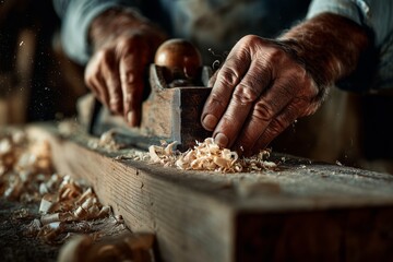 Close-up of a carpenter's weathered hands planing a wooden plank with wood shavings flying, concept for woodworking craftsmanship, furniture restoration and antique refurbishment.