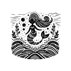 A small tribal mermaid waves from under the sea
