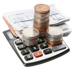 Stacks of coins atop a calculator with financial documents