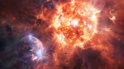 Fototapeta premium Celestial bodies in a fiery cosmic event.