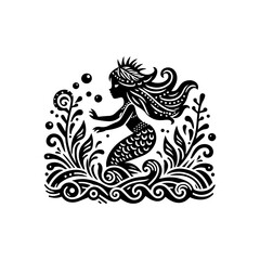 Obraz premium A small tribal mermaid waves from under the sea