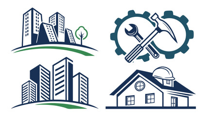 Obraz premium Illustrations of buildings, construction tools, and a house with a hard hat represent construction, architecture, and real estate