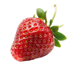 Close-up of a single, vibrant red strawberry, highlighted against a black background.  The strawberry's skin is smooth, with numerous small, light green dots, and shows visible shine.  