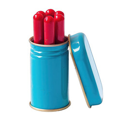 Red cylindrical objects in a teal tin container