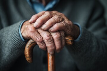 Elderly hands gripping a wooden walking stick offering textured detail, concept for retirement planning, healthcare support and senior care assistance programs