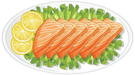 Fresh Salmon Sashimi on Lettuce with Lemon Slices