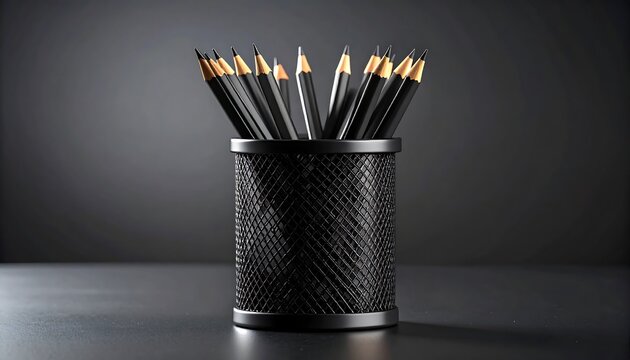 Black pencils in a dark metal holder against a dark background
