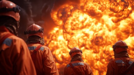 Fototapeta premium Firefighters observing a massive explosion with intense flames and smoke, concept for disaster response planning, industrial accident assessment, and safety protocol development for high-risk