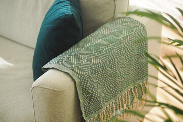 Cozy sofa with decorative blanket and green pillow accent