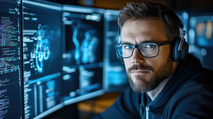 Fototapeta premium Focused programmer in modern workspace with multiple screens displaying code and data analysis