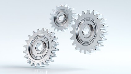 Three metallic gears in motion