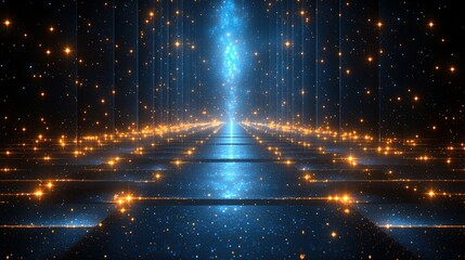 Celestial Pathway: Glowing Golden Stars and Blue Nebulae converge on a Reflective Surface