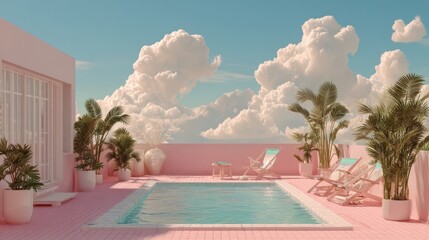 Pastel Pink Poolside Scene with Palm Trees and Cloudy Sky