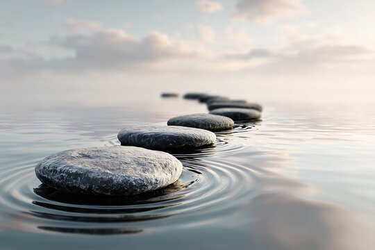 Line of smooth stepping stones across calm water creates serenity reflecting the sky, concept for zen practice, finding balance and navigating life challenges without stress