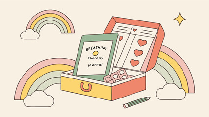Illustration promoting therapy and journaling for mental health, featuring breathing exercises, selfcare, and mindfulness techniques for relaxation and overall wellbeing