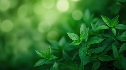 Green leaves against a blurred green background. The natural concept of nature and growth. The image emphasizes the freshness and vitality of the plant.