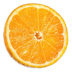 Close-up of an orange slice.  A round, vibrant orange slice, sectioned,  shows the juicy segments radiating from the center.  Bright, rich color, fresh, healthy