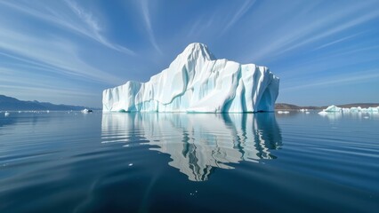 Majestic glaciers and icebergs in distance reflect beautifully on calm waters under clear blue sky