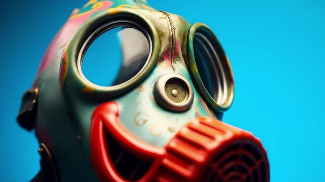 Surreal mask against vibrant blue evokes a whimsical feeling Playful yet unnerving the artwork suggests themes of altered reality and distorted expression