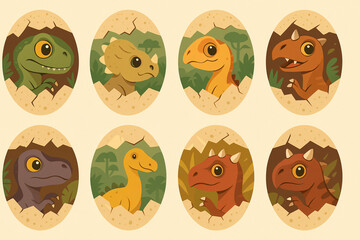 Obraz premium set of funny easter eggs and chicken dinosaurus hatchling