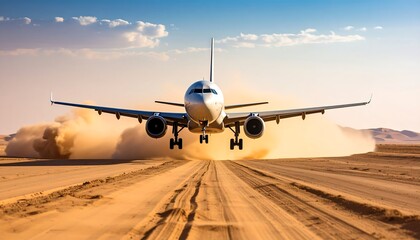 Naklejka premium Airplane landing on a desert airstrip, kicking up sand and dust