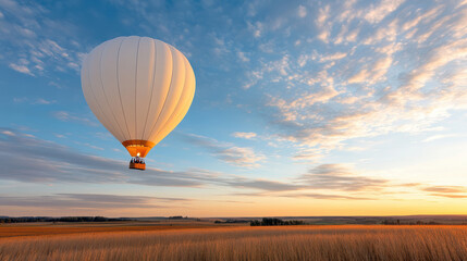 Naklejka premium Hot air balloon floats gracefully under warm evening sky, surrounded by golden fields