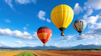 Obraz premium Colorful hot air balloons soaring over vibrant fields under clear blue sky
