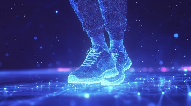 Digital athlete jumping, neon city background, futuristic sports, tech ad