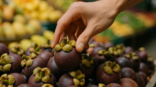Local food inspection. Hand picking fresh purple mangosteen fruit tropical market with vibrant colors and natural light creating lively atmosphere