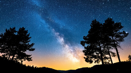 Majestic night sky filled with stars and Milky Way, framed by silhouettes of trees