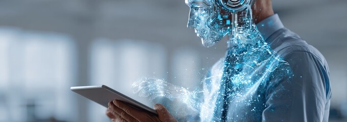 Person with digital AI overlay reading a tablet