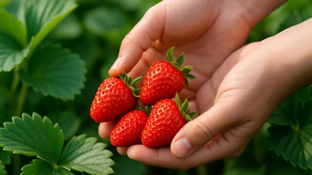 Local food inspection. Fresh ripe red strawberry fruit held gently hand with green leaves background, vibrant fresh fruit close up natural garden setting