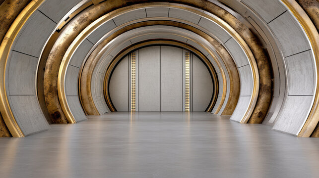 Massive blast doors lead to futuristic chamber with metallic arches and smooth flooring - Powered by Adobe