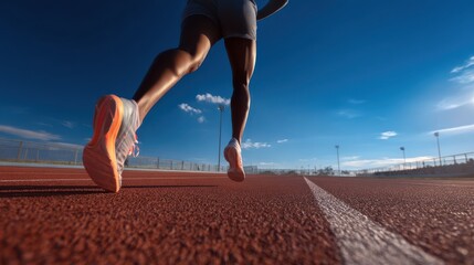 Runner's Feet on a Track Under Clear Sky