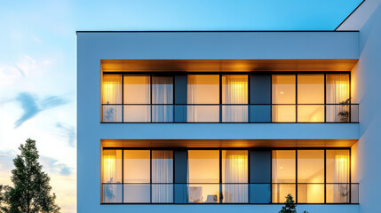 Fototapeta premium Modern architecture showcases large windows with warm lighting, creating serene atmosphere