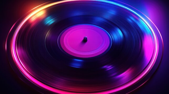 Spinning vinyl record, vibrant neon lights, dark background, music promotion