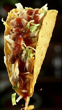 Savory Soft Chicken Taco with Shredded Toppings and Dripping Sauce on Crispy Corn Shell against a Dark Blurred Background