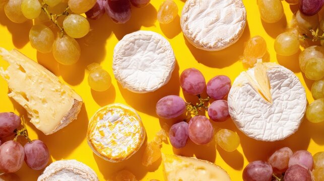Assorted cheeses and grapes arranged on a bright yellow surface.
