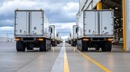 Transport trucks lined up near loading docks, ready for logistics operations