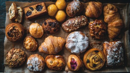 Assorted pastries and breads displayed on a baking sheet.