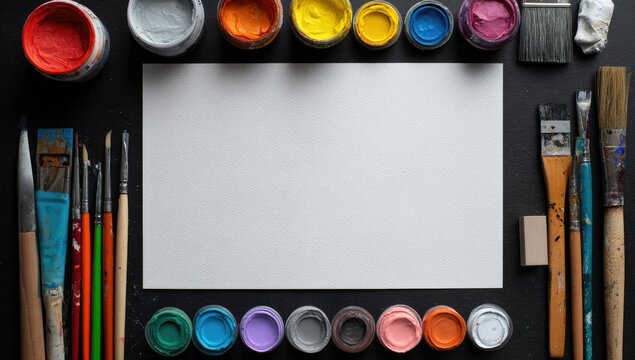 Art supplies arranged around blank canvas - Powered by Adobe