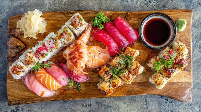 Assorted sushi and sashimi platter on a wooden board.