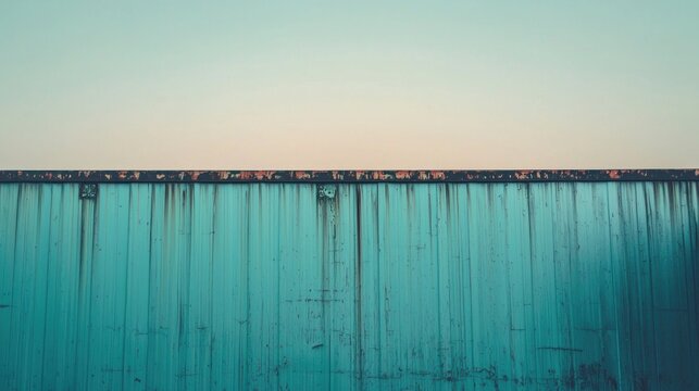 A blue and green corrugated metal fence with rust and peeling paint against a clear sky.