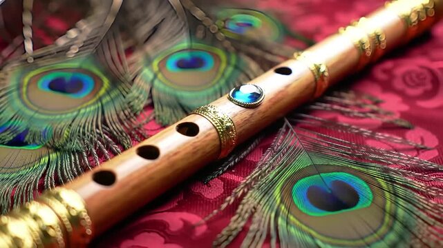 Image showcases a close-up of a wooden flute adorned with intricate gold patterns and a decorative blue gemstone. The flute is placed on a textured fabric with a subtle floral design. Surrounding the 