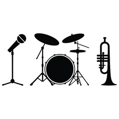 Black and white musical instruments silhouette for jazz band concert poster or music festival flyer design