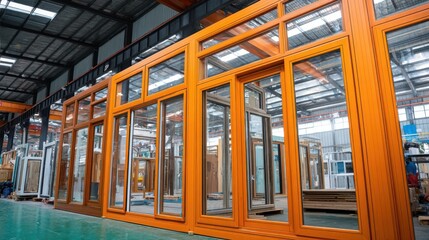 Rows of orange-framed windows and doors displayed in a manufacturing warehouse