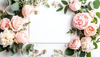 Blank card surrounded by pink roses and eucalyptus leaves on white background (1)